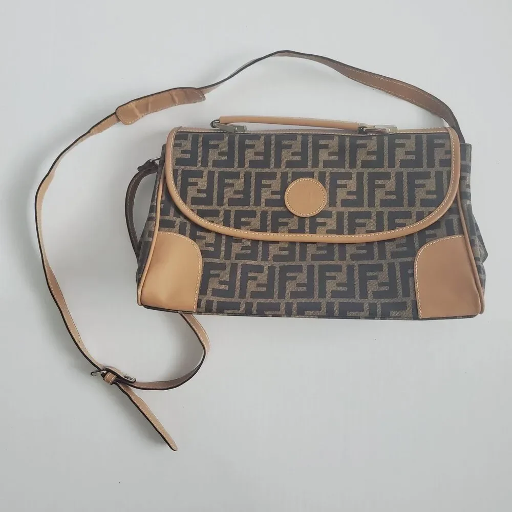 Vintage Fendi Zucca Crossbody Bag Brown FF Monogram Canvas Messenger Italy - Picture 2 of 15